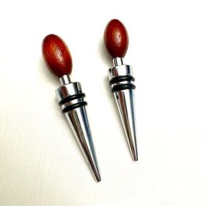 Set of 2 Wood and Chrome Wine Bottle Stoppers Reusable Double Ring Champagne